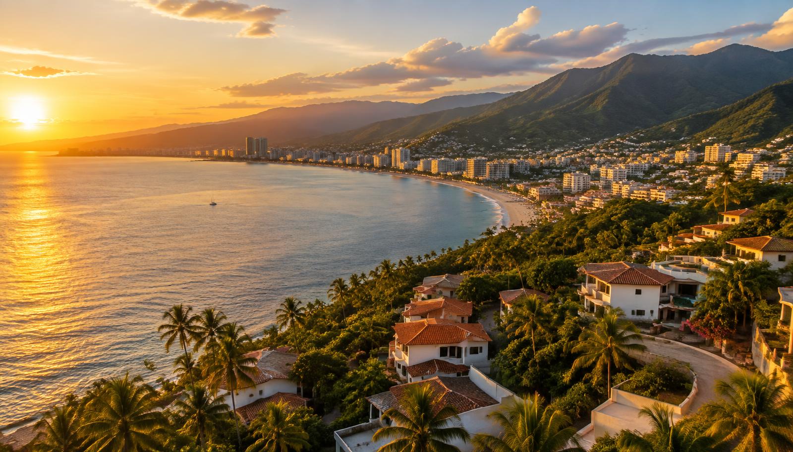 Vista aérea de la bahía de Puerto Vallarta con palmeras y la Sierra Madre al atardecer